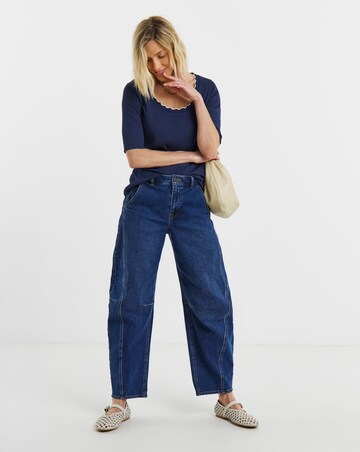 Navy And White Contrast Scallop Scoop Neck Top