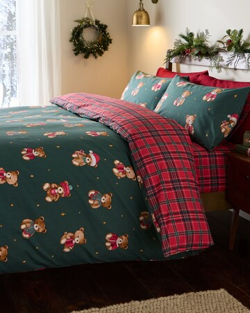 Catherine Lansfield Christmas Tartan Teddy Bear Duvet Cover Set