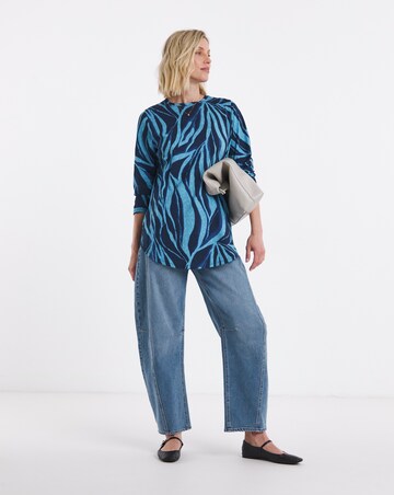 Blue Printed Longline Curved Hem 3/4 Sleeve