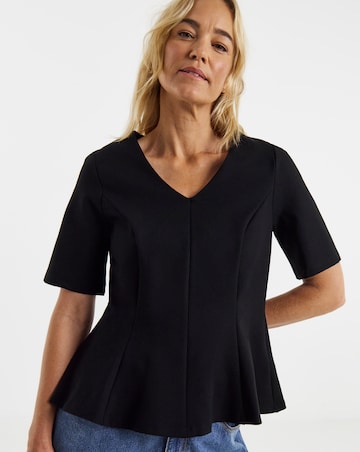 Black V-Neck Peplum Short Sleeve Top