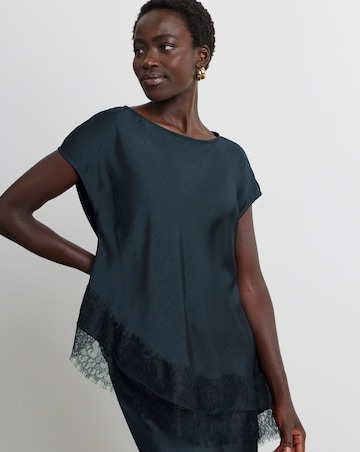 Joanna Hope Lace Trim Asymmetric Satin Top
