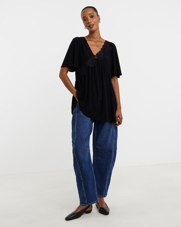 Black Lace Trim Angel Sleeve Longline Top