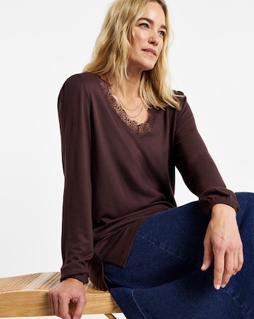 Chocolate Lace Trim V-Neck Cosy Longline Top