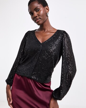 Black Sequin Long Sleeve Button Through