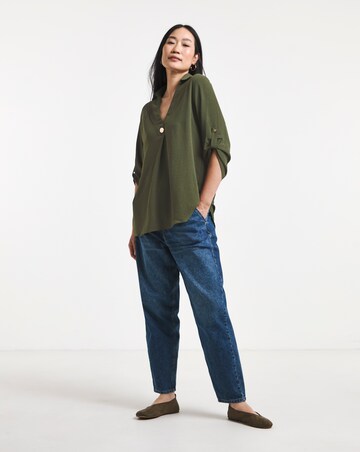 Olive Green Button Detail Collar Popover Top