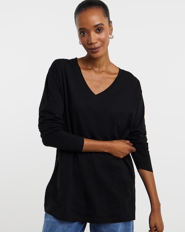 Black 3/4 Sleeve Slouch V-Neck Longline Top