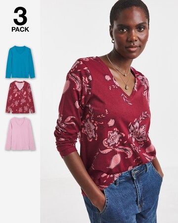 Teal, Print And Lilac 3 Pack V-Neck Long Sleeve T-Shirt