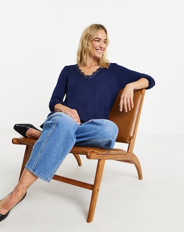 Navy Lace Trim V-Neck Cosy Longline Top