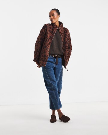 Brown Zip Through Heart Textured Longline Borg