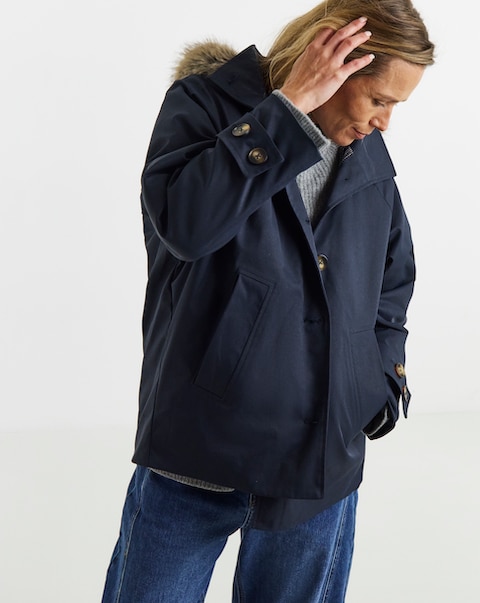 Navy Quilt lined Faux Fur Collar Parka