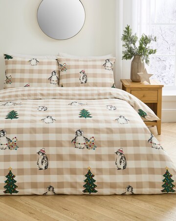 Festive Penguin Gingham Cotton Blend Duvet Cover Set