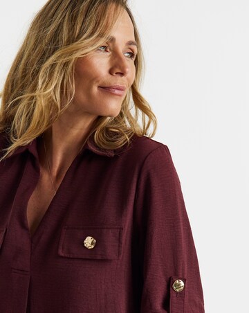 Burgundy Utility Button Detail Collar Popover Top