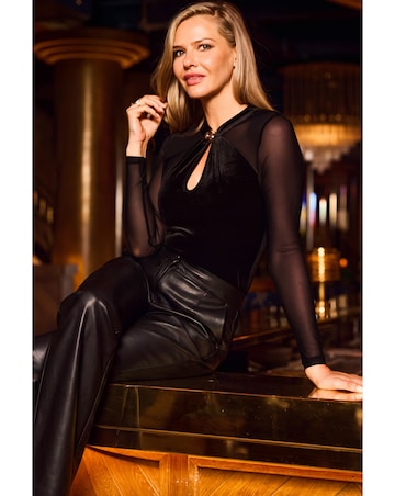 Sosandar High Neck Gold Trim Velvet Sheer Sleeve Top