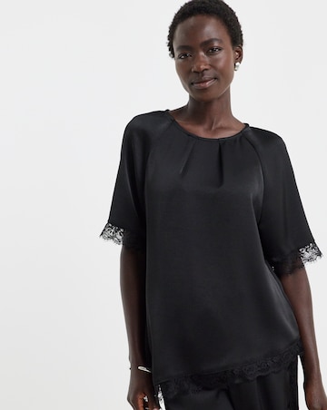 Black Satin Lace Trim Asymmetric Top Co Ord