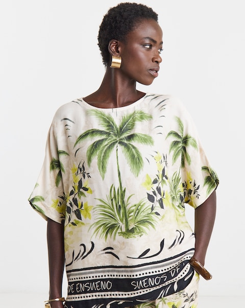 Palm Print Linen Mix Border Boxy Top