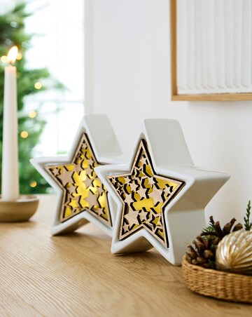 Set of 2 White and Wooden Stars