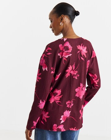 Floral Printed Zip Front Long Sleeve Longline Top