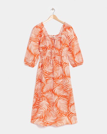 Linen Mix Sun Dress With Puff Sleeves