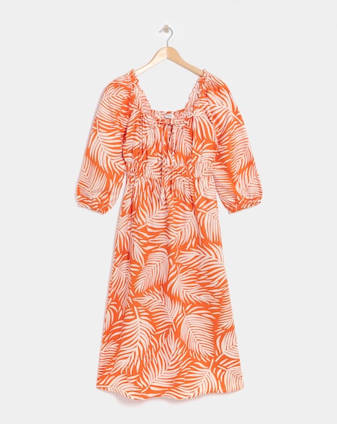 Linen Mix Sun Dress With Puff Sleeves