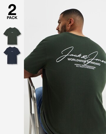 Jack & Jones Cover Script Logo 2-Pack T-Shirts - Green/Navy