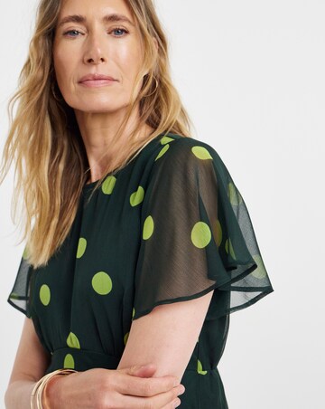 Green Spot Print Crinkle Georgette Midi Tea Dress