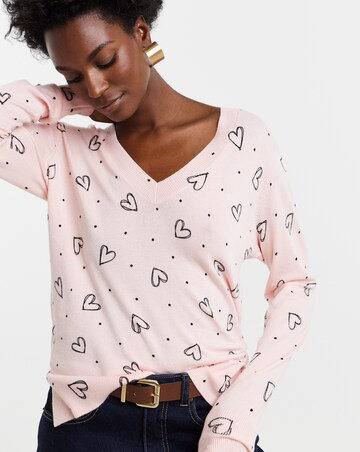 Heart Print Fine Knit V-Neck Jumper