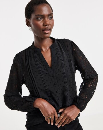 Black Lace Panel Collarless Blouse