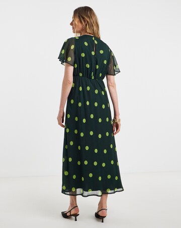 Green Spot Print Crinkle Georgette Midi Tea Dress