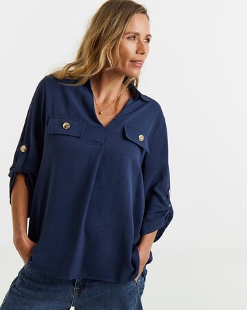 Navy Utility Button Detail Collar Popover Top