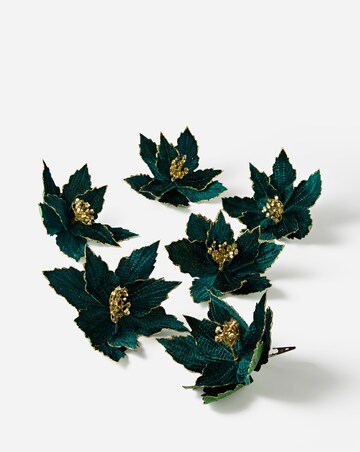 Green Velvet Gold Glitter Poinsettia Clips - Set of 6