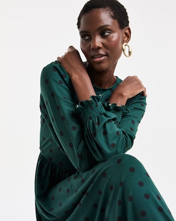 Green Spot Soft Touch Shirred Cuff Midi Dress