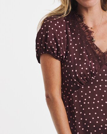 Burgundy Spot Hanky Hem Lace Trim Dress