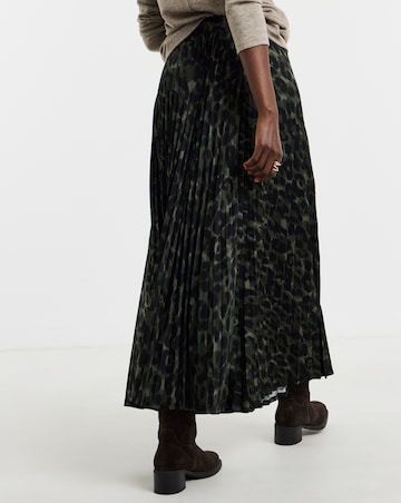 Khaki Leopard Jersey Pleated Midaxi Skirt