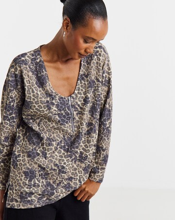 Leopard Floral Print Zip Front Long Sleeve Longline Top