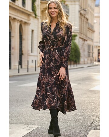Sosandar Brown Paisley Belted Shirt Dress