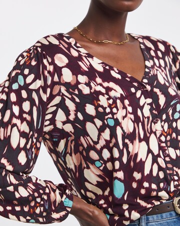 Butterfly Print Button Front Long Sleeve Top