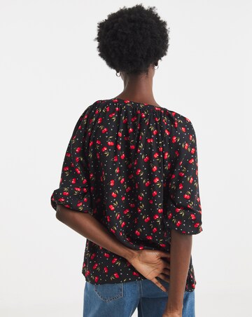 Cherry Print Collarless Button Through Blouse