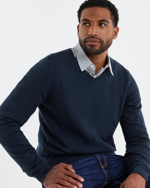 Cotton Knitted V Neck Jumper Long