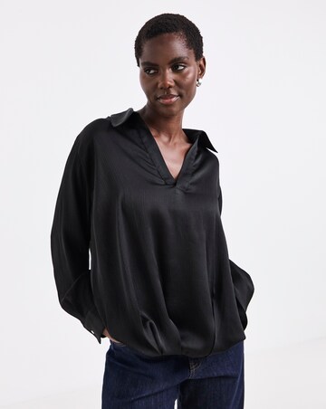 Black Satin Collar Detail Bubble Hem Blouse