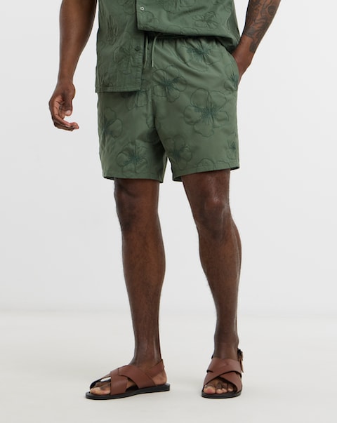 Khaki Embroidered Co-Ord Swim Shorts