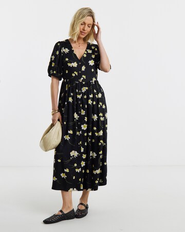 Black Floral Print Puff Sleeve Drop Waist Button Midi Dress