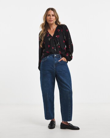 Multi Print Collarless Button Through Blouse