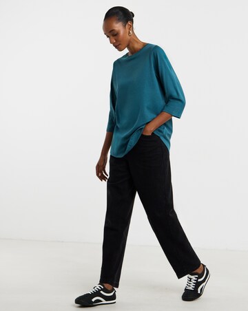 Blue Longline Curved Hem 3/4 Sleeve Top