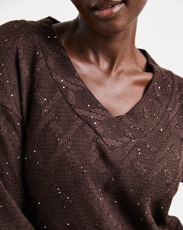 Chocolate Glitter Textured Long Sleeve V-Neck Top