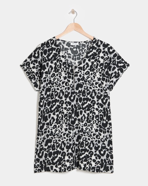 Grey Leopard V-Neck Zip Front Longline Top