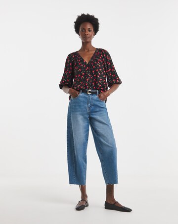 Cherry Print Collarless Button Through Blouse
