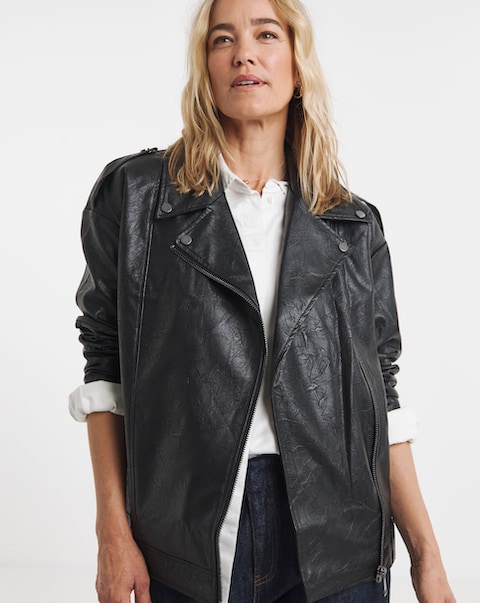 Black Oversized Crinkle Textured PU Biker