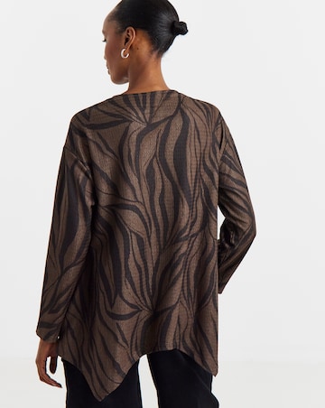 Mocha Printed Zip Front 3/4 Sleeve Hanky Hem Longline Top