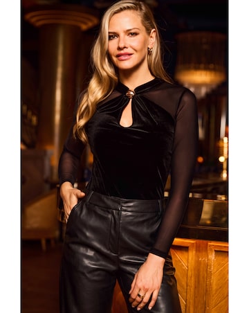 Sosandar High Neck Gold Trim Velvet Sheer Sleeve Top
