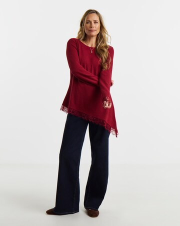 Burgundy Soft Touch Crew Neck Lace Asymmetric Longline Top